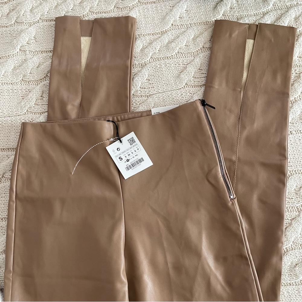 Zara Beige High Rise Faux Leather Leggings - Picture 4 of 8